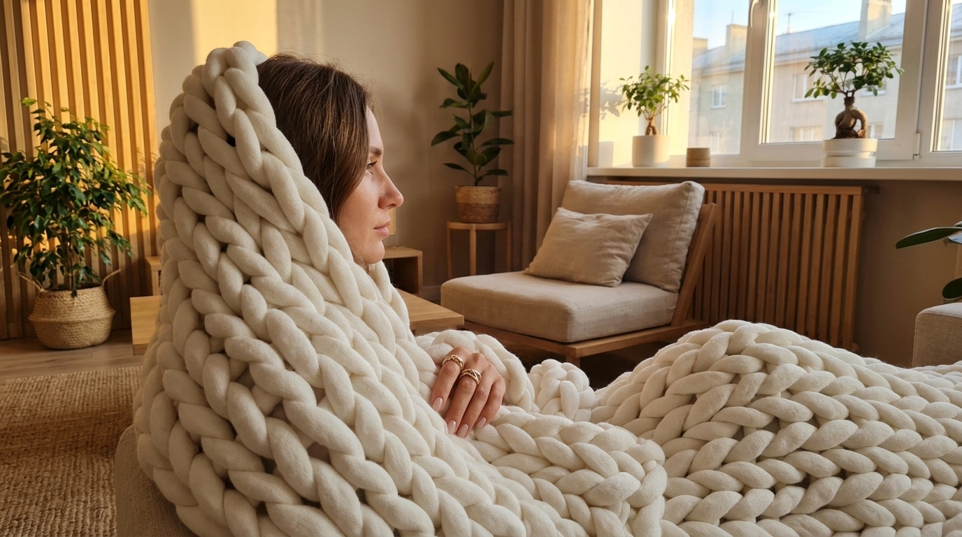 Femme enveloppée dans une couverture lestée en grosse maille blanche dans un intérieur cosy, lumière dorée